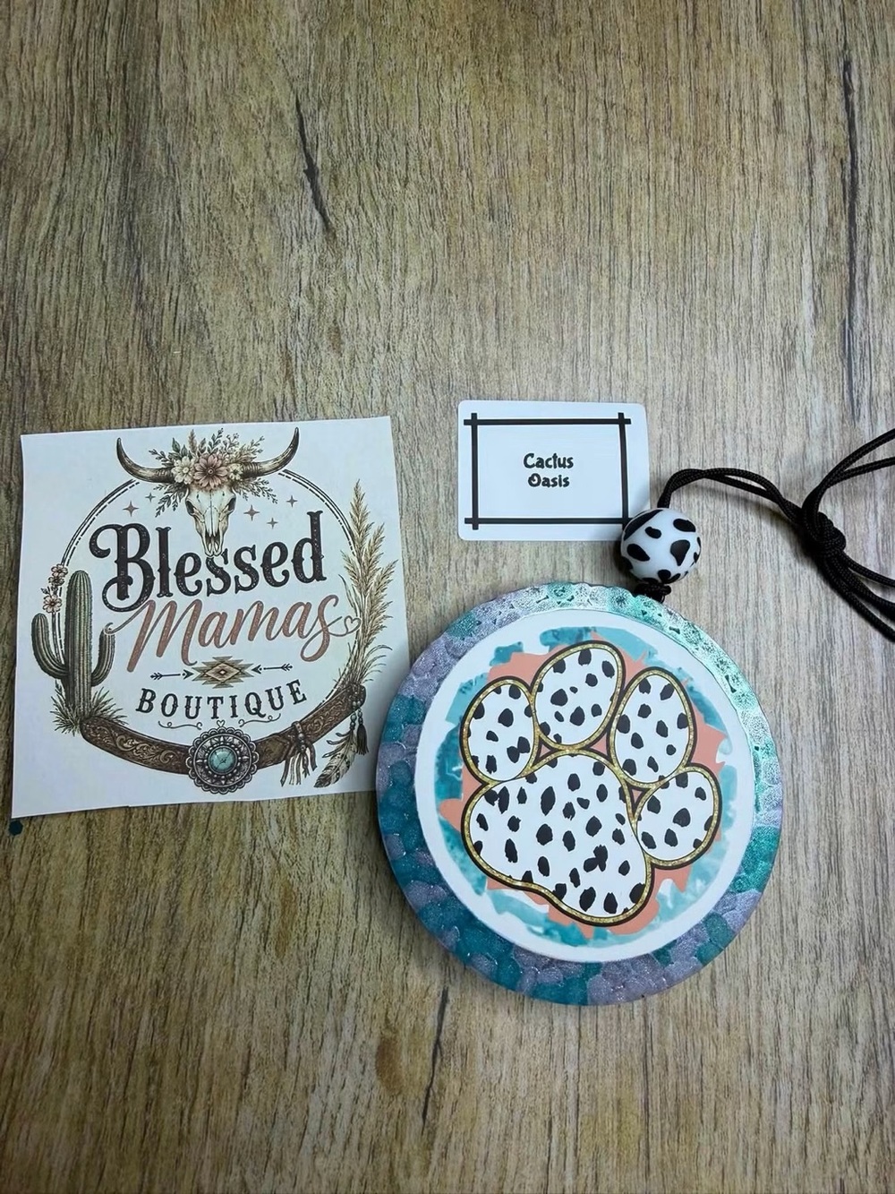 Cactus Oasis Paw Print Car Freshie - Teal & White